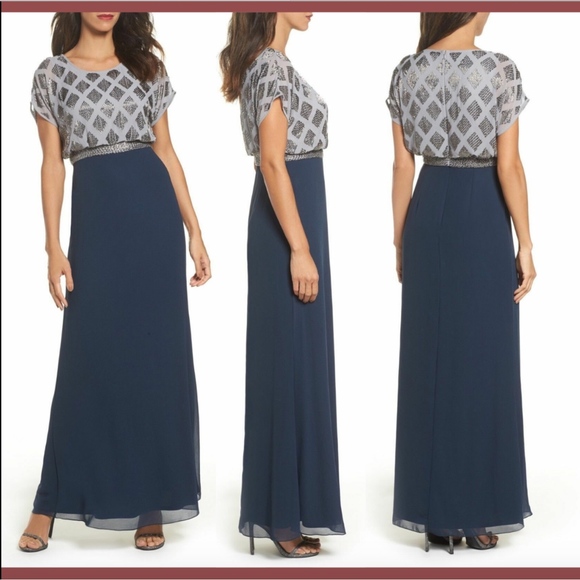 NWT Adrianna Papell Beaded Colorblock‎ Blouson Gown in Silver/Navy [SZ 4 ] E683